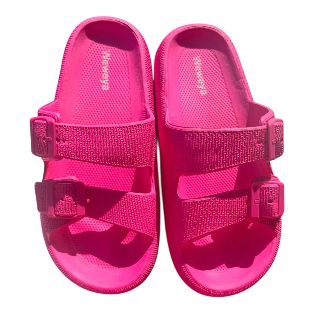 Hot Pink Double-Buckle Slide Sandals by Wewaya, cloud cushion waterproof slipper - Picture 10 of 16